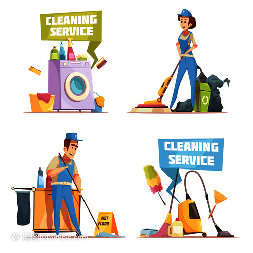 清潔服務2x2理念與清潔公司員工清洗室內(nèi)平矢量插圖清潔服務2x2理念